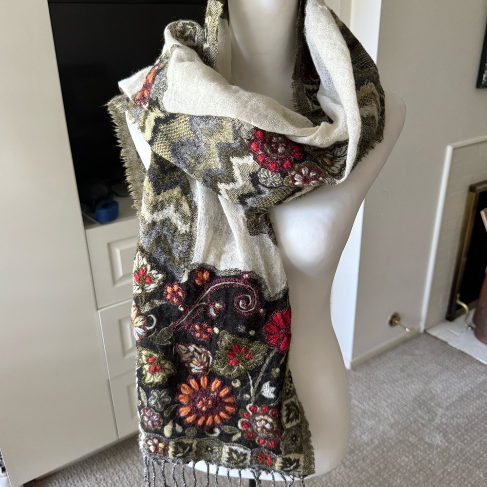 Anthropologie Olive-Green Gradient Scarf with Embroidery